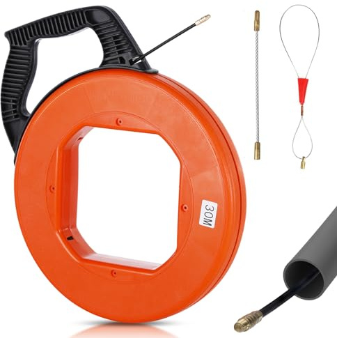 Kabeleinziehhilfe 30M für Leerrohre, Hancaner Hochwertige Einziehspirale inkl Adapter - Zugdraht für Leerrohre mit Bruchsicherem Kabel, Kabeleinziehgerät mit Kunststoffgehäuse und Handgriff