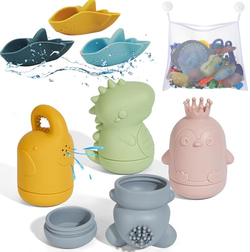 ATAUSD 8 Stück Badewannenspielzeug, Badespielzeug Baby Silikon Badewanne Spielzeug Badewannenspielzeug Boot Wasserspielzeug mit Aufbewahrungstasche, Geschenke für Baby Kleinkinder