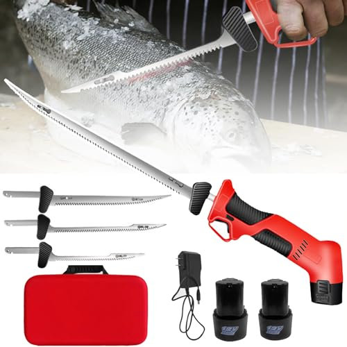 aromaoveite Coltello Elettrico Senza Fili per Filettare Pesce/Pesca, Coltello Elettrico Ricaricabile con 4 Lame/Batteria 2 * 12 V/Foro di Raffreddamento Impugnatura Antiscivolo/Pratica Borsa,Red