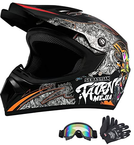 HaTur Casque de Motocross Casque Offroad ATV Casque Dot Casque de Moto de Cross pour Jeunes Unisexes Casque de Moto avec Lunettes Gants (Noir, L)