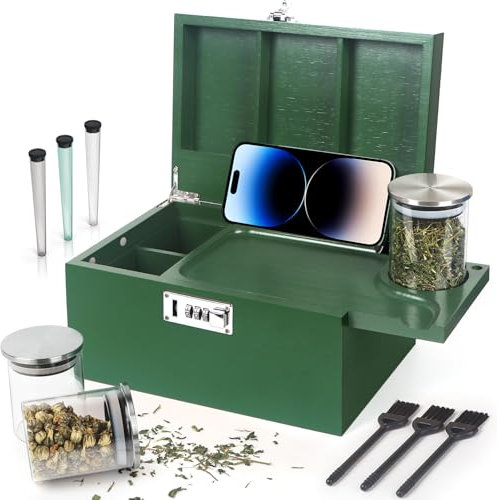 Large Green Bamboo Box with Combination Lock, Decorative Storage Box with Removable Tray & Detachable Compartment, Wooden Boxes with Alright Jars & Brushes & Storage Tubes as Great Gift Choice.
