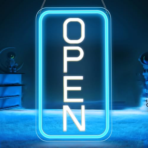LightingWill Open Neon skylt, öppen skylt LED med på/av-adapter, blå/vit, vertikal