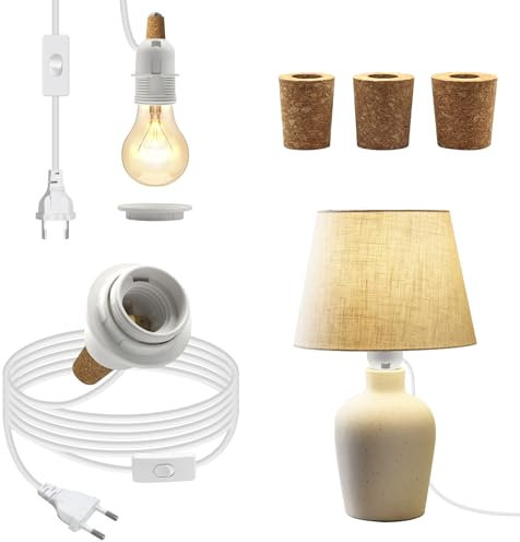 Lampenfassung für Flaschen, Weiße E27 Flaschenfassung mit Kabel und Schalter 240cm, E26 Flaschenlampen Adapter Kit, Flaschenlampe aufsatz LED, DIY Flaschenlampe Fassung für Tischlampe, 3 Arten Bung