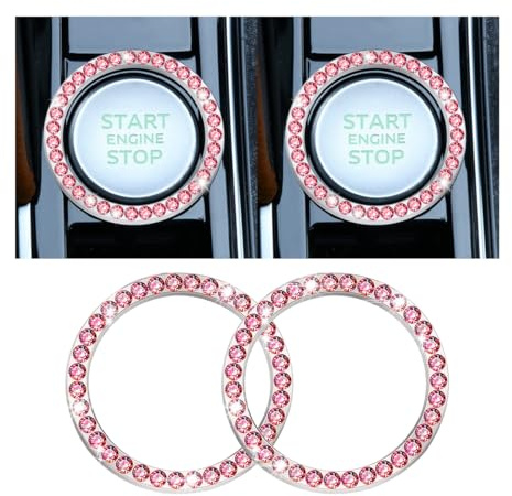 CGEAMDY 2 Stück Auto Motor Start Stop Button Ring, Universal Auto Kristall Strass Motor Starter Dekoration Ring, Auto Startknopf Dekorationsring Autoinnenraum (Einreihig/Rot)