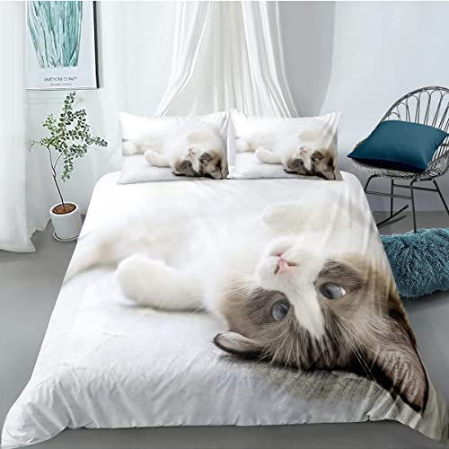 CHCHNXY Bettwäsche 200x200,Weiße Katze 3 Teilig Weich Und Atmungsaktiv Bettwäsche-Set,Für Jugendliche Erwachsene 1 Bettbezüge Mit Reißverschluss Und 2 Kissenbezug 80x80cm