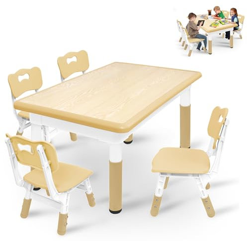 TATIVALO 120x60cm Kindertisch mit 4 Stühlen, Höhenverstellbare Kindersitzgruppe für Kinder von 2–10 Jahren, Kinder Tisch und Stuhl Set aus Holz, ideal für Kindergarten,Naturholzfarbe