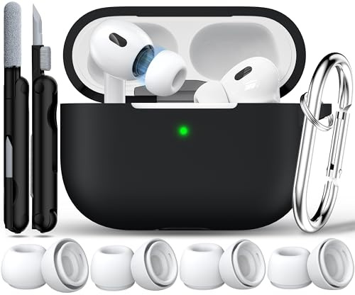 RFUNGUANGO für AirPods Pro 2/1 Hülle Silikon with Keyring Cleaning Kit & EarTip Set, Compatible with AirPods Pro 2/1 Case (2023/2022/2019) Front LED Visible, Black