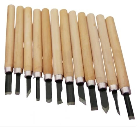 Set di 12 scalpelli da Intaglio Professionali in Legno di Pino e Acciaio al Manganese for falegnami, for Intaglio Dettagliato di Base, Strumenti e Accessori Fai da Te for la Lavorazione del Legno.