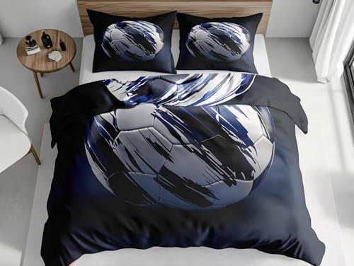 SKOEUI Set di Biancheria da Letto Sport Calcio Set Copripiumino in Morbido Microfibra Copri Piumino Traspirante Ipoallergenica Completo Copripiumino Singolo 140x200 cm Blu Scuro