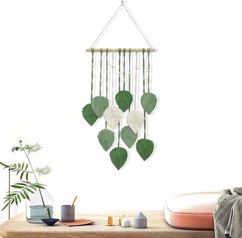Boho Deko, Handgefertigter Baumwollblatt Wandteppich, Schickes Böhmen Style Wanddeko, Hängend Makramee wandbehang für Balkon, Wohnzimmer, Kinderzimmer, Flur, Schlafzimmer (Weiß-Grün)