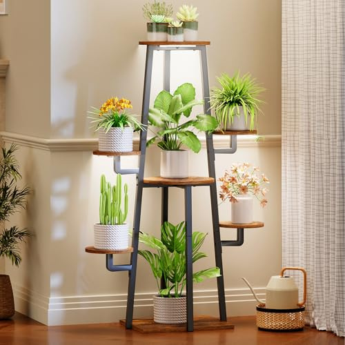 HOOBRO Blumenständer mit Pflanzenlampe, 7 Ebenen Pflanzenständer, Indoor Pflanzenhalter für Wohnzimmer, Blumenregal für Innen Garten Balkon, Vintagebraun und Schwarz EBF04DHJ01