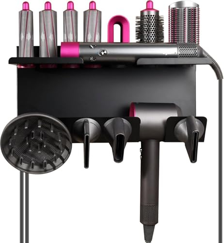 Yangers Supporto da parete 2 in 1 in acciaio per asciugacapelli Dyson e accessori per styler Airwrap, organizer da bagno senza trapano, supporto adesivo per diffusore Dyson