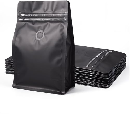 Crafans 10Pcs Coffee Beans Bags with Valve Black Rectangle Zipper Coffee Storage Bags Flat Bottom Standing Resealable Pouches Heat Seal Side for Candy Cookies Storage, Black