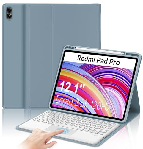 Coque Clavier pour Xiaomi Redmi Pad Pro 12.1 2024/Poco Pad 12.1 Pouces | Pavé tactile, Étui Keyboard Touchpad Détachable Bluetooth sans Fil, AZERTY Français avec Porte Crayon, Bleu gris