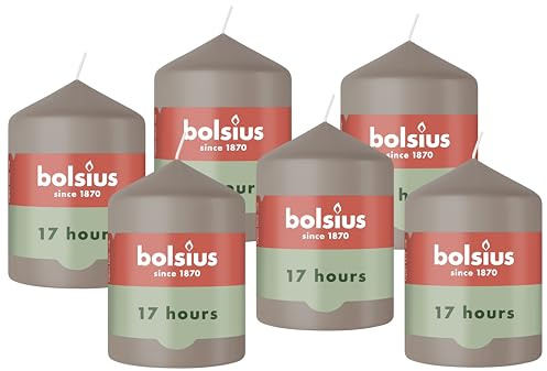 Bolsius - Essentials - Bougie Pilier - Pastel Taupe- 8cm - 6 Pièces - Bougie Décorative - Contient Cire Végétale Naturelle - sans Huile de Palme