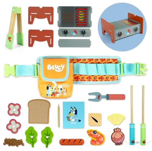 Bluey – BBQ-Gürtel-Spielset – 20-teiliges Kochspielzeug aus Holz mit Mini-Grill, Zange und Zubehör – Outdoor-Grillset für Kinder – Offizielles Bluey-Spielzeug für Jungen und Mädchen