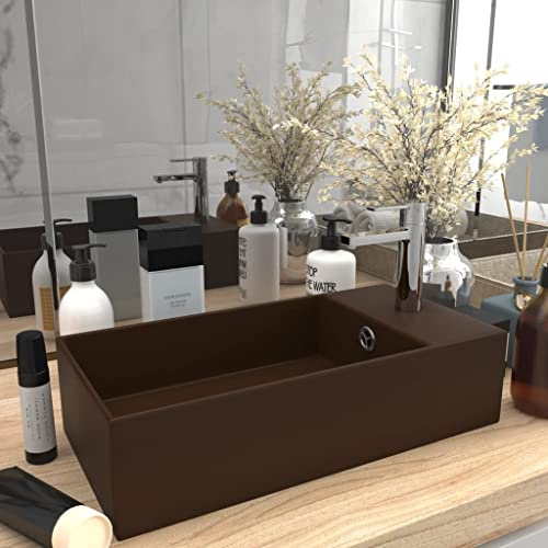 Lavabo da Appoggio in Ceramica, Lavandino Bagno con Troppopieno, Design Moderno e Compatto, Colore Marrone Scuro, 480 x 250 x 150 mm