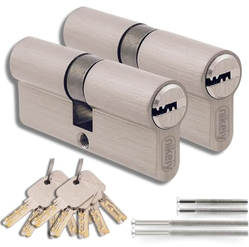 Set di 2 Cilindri a Doppia Serratura in Ottone 30/30mm con Chiave Unica, 10 Chiavi Incluse, 4 Viti, Serrature Universali per Porte e Garage, Lunghezza 60mm, Montaggio Facile