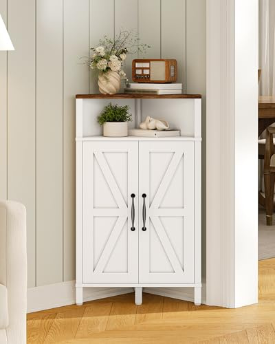 CHOEZON Farmhouse-Style Corner Cabinet, Corner Shelf with Open Storage, Double-Door Storage Cabinet, Twist-to-Lock Design, Space-Saving, for Living Room, Bathroom, Kitchen, White and Walnut MCJ04WL