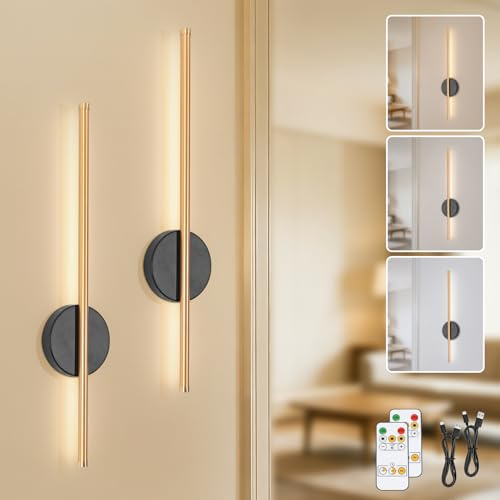TaoFiaCo 60 cm Rechargeable Wall Lights with Remote Control, Black & Gold | Battery Operated Wall Lights for Living Room Bedroom, Wireless Wall Sconces, 4400 mAh Battery, 3 Color Temperatures