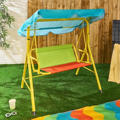 OHS Canopy Garden Swing 2 Seater, Weatherproof Kids Swing Chair with Roof & Backrest Non-Slip Feet Adjustable Canopy Rocking Bench Comfy Outdoor Patio Garden Seat Up to 60Kg, Multi Colour Block