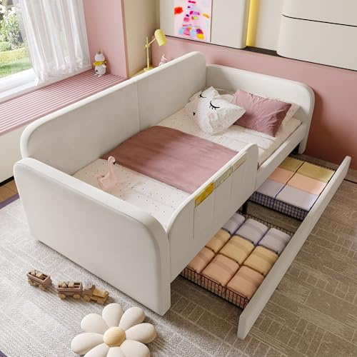 Hmluxury Kinder-Spleißbett, Polsterbett Mit Metallrahmen, 90x200 cm, Weiß, 2 Rollen-Schubladen & 3 Aufbewahrungstaschen, Schlafsofa & Tagesbett Für Sicheres Kinderzimmer