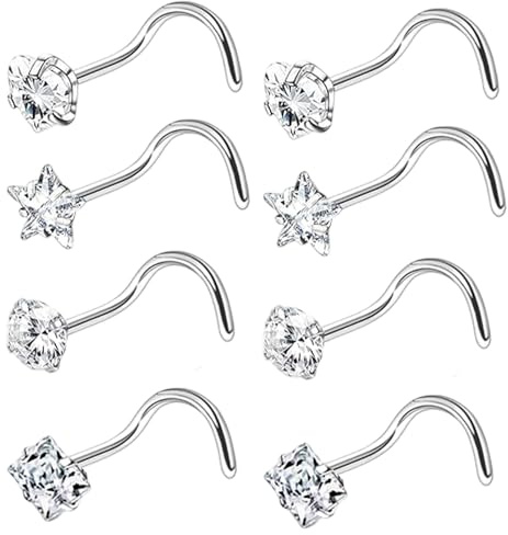 MR BAEQ 8 Pcs Silver Nose Studs, 4 Styles Corkscrew Nose Piercing Jewellery, 3mm S Shaped Bend Rings for Women Men Daily Wear Party Dating
