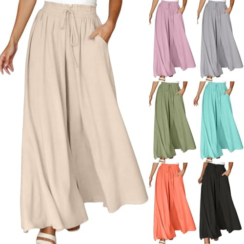 Byxkjol dam, sommarbyxor, lätta, lediga, Palazzo, breda byxor, fritidsbyxor, eleganta, enfärgade, marlenebyxor, lediga, lätta, breda ben, byxor med hög midja, elastiska fickor, dragsko, 01-beige-f, L