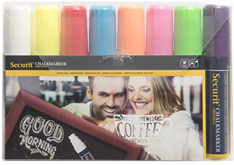 Securit Set da 8 pennarelli a gesso liquido colori Assortiti - Punta Grande | Scrittura professionale per lavagne e vetro - Resistente a pioggia leggera e sbavature - Facile da pulire