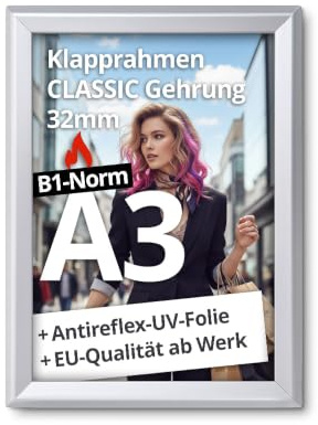 net-xpress® A3 Brandschutzrahmen | Klapprahmen Brandschutz A3 | Plakatrahmen B1 Norm nach DIN 4102 schwer entflammbar | 32 mm silber | mit Antireflex-Folie, Schrauben & Dübel | Hoch- & Querformat