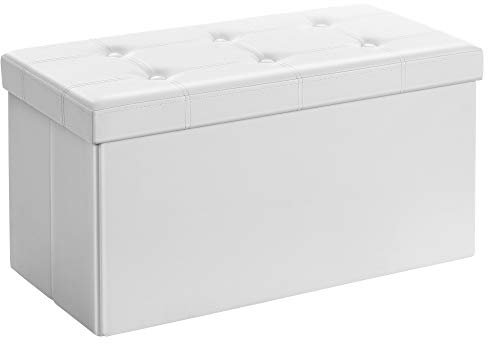 SONGMICS Cassapanca Contenitore 80L, Pouf Contenitore, Panca Poggiapiedi Pieghevole, Capacità di Carico di 300 kg, Rivestimento in Similpelle, Seduta Imbottita, Bianco LSF106