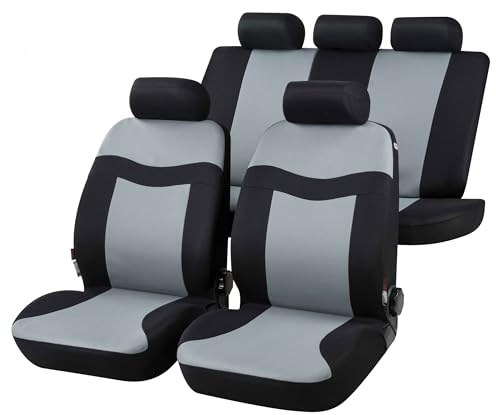 Walser Auto-Sitzbezug Rockford, Universal-Sitzbezug Komplett-Set, PKW-Sitzbezüge, 2 Vordersitzbezüge, 1 Rücksitzbankbezug schwarz/grau