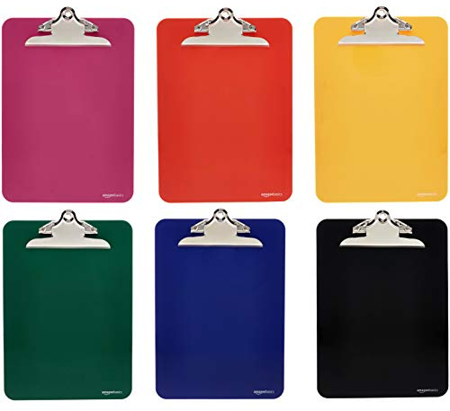 Amazon Basics Lightweight Plastic Clipboards with Sturdy Metal Clip, Letter Size, Assorted Classic Colors, Pack of 6