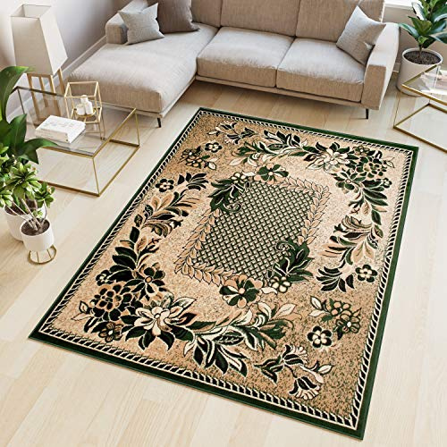 TAPISO Atlas Teppich Kurzflor Blumen Floral Bordüre Grün Beige Schlafzimmer Wohnzimmer Vintage Modern ÖKOTEX 200 x 300 cm | Wohnzimmer Klassisch Schlafzimmer Traditioneller Teppich für Wohnzimmer Esszimmer OEKO-TEX