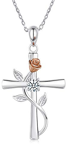 BlingGem Kette Damen 925 Sterling Silber mit Rundschliff Zirkonia Kreuz Rosen-Blume Anhänger Halskette Frauen Geschenk zum Dame,48 cm