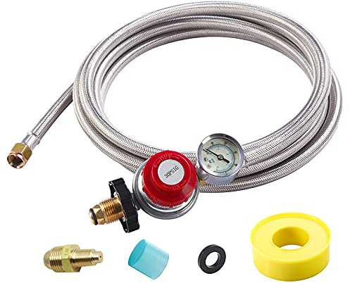 12 Foot High Pressure Adjustable Propane Regulator 0-30 PSI with Gauge 0~60PSI Gas Flow Indicator, Gas Cooker-3/8inch Female Flare Fitting, Stainless Steel Braided Hose and Gas Grill LP Regulator …