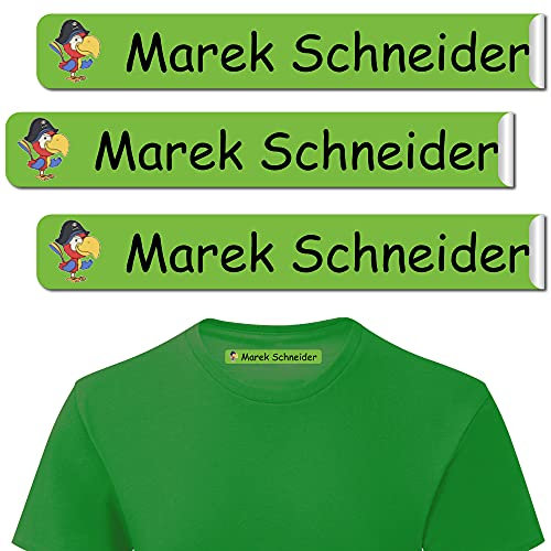 INDIGOS UG - Namensschilder für Kleidung personalisiert - 43x7mm - Bügeletiketten mit Wunschtext - 030 - Vogel - 10-480 Sticker für Kinder, Schule, KITA, Textilien, einfach aufbügelbar