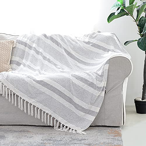 Snugtown Dekorativer grau-elfenbeinfarbener gestreifter Überwurf mit Fransen, weiche Chenille-Strickdecke im Bauernhaus-Stil, leichte Decke mit Quasten für Couch, Sofa, Stuhl, Bett, Büro,