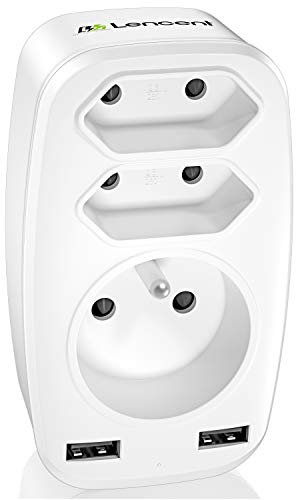 LENCENT Prise USB Secteur Multiple, 5 en 1 Chargeur USB Multiprises avec 1 Sortie AC 16A, 4000W, 2 Prise Euro et 2 Ports USB, Prise Murale Electrique Idéal pour Chambre Bureau Domicile