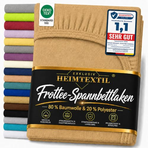 EXKLUSIV HEIMTEXTIL Frottee Spannbettlaken Marke 200 x 220 cm 80% Baumwolle, 20% Polyester Öko - Tex Zertifiziert, Markenqualität, Matratzenhöhe bis 35 cm, Sand