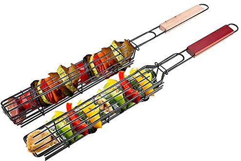 2 pièces paniers grille pour barbecue, grille de barbecue avec poignée en bois pour kebab, saucisse, légumes, poissons, crevettes, 49 x 4,7cm