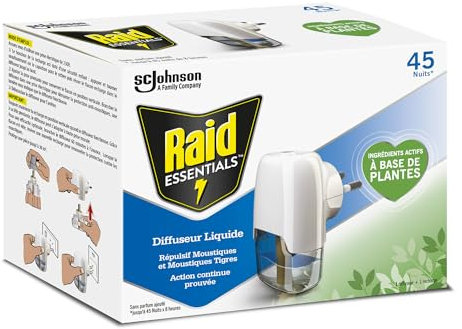 RAID ESSENTIALS Atomizzatore elettrico antizanzare, nebulizzatore + ricarica 45 notti, 32 ml