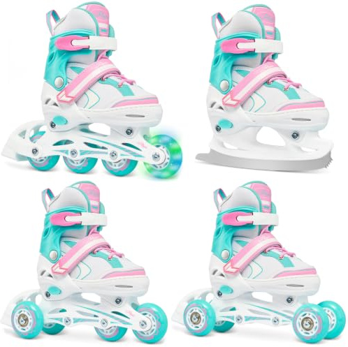 Raven - Pattini a rotelle per bambini, ragazze, ragazzi, adulti, bambini - Pattini a rotelle, 4 in 1 con pattini da ghiaccio, quad, per principianti - Regolabili - Lia Mint, 27-30 (16,5-18,5cm)