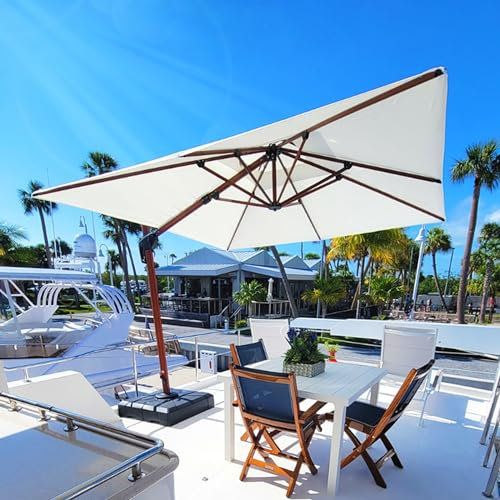 PURPLE LEAF Alu Sonnenschirm Groß Ampelschirm 270 x 270 cm Holzoptik Doppeldach Gartenschirm mit Kurbel 360° Drehbar XXL, Sonnenschutz UV50+, Cream