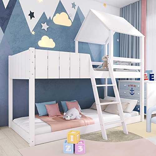 ZYLOYAL10 Wooden Cabin Beds, Treehouse Canopy, 3 FT Single Loft Bed with Ladder and Guard Rail, Mid-Sleeper Bunk beds Shaped with Space-Saving Design for Kis Home