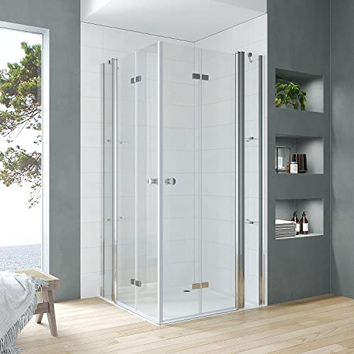 Duschkabine 110x100 cm Eckeinstieg Falttüren an Festteilen Eckdusche mit Duschtür Doppeltür Pendeltür Drehfalttür rahmenlose Eckduschwand Glas mit Eckablage Eckregale für Badewanne Bodengleiche Dusche