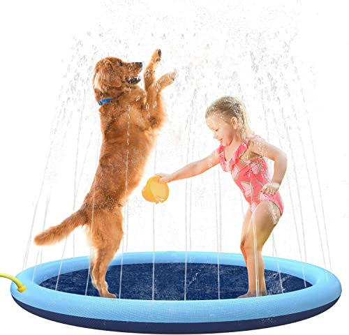 Splash Pad for Dogs & Kids, 100cm Inflatable Dog Splash Sprinkler Pad, Foldable Thickened Dog Paddling Pool Splash Mat, Outdoor Dog Sprinkler Play Mat for Summer Garden Beach Backyard