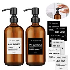 2 Pz 500ml Dispenser Sapone in vetro, con Pompa in Acciaio Inossidabile Dispenser di Sapone Liquido, Ricaricabile Bottiglie Vuote con Pompa con 6 Etichette Impermeabili per Oli Essenziali, Lozioni