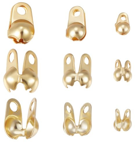 Beebeecraft 1 Box 150Pcs Bead Tips 18K Gold Plated Brass 3 Size Knot Covers Clamshell End Cap Crimps Beads Ball Chain Connector Clasp for Jewellery Craft Making, 1.2~3.3mm Inner Dia