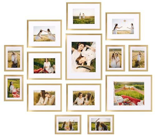 Giftgarden 14 Pack Gold Picture Frames Set, 2pcs 11x14 Matted for 8x10, 6pcs 8x10 Matted for 5x7, 6pcs 5x7 Matted for 4x6, Gallery Frame Collage for Wall or Tabletop Display